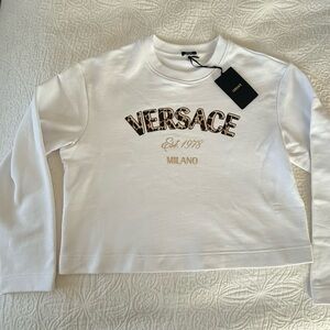 Versace White Crop Sweatshirt with Leopard Print Logo NWT Size 50 (Large/XL)